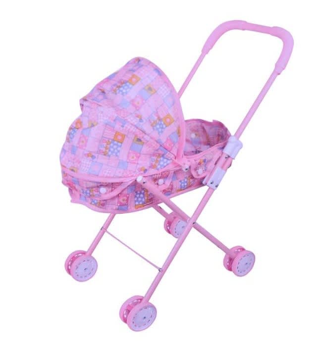 Carucior papusi roz cu inimi 53cm