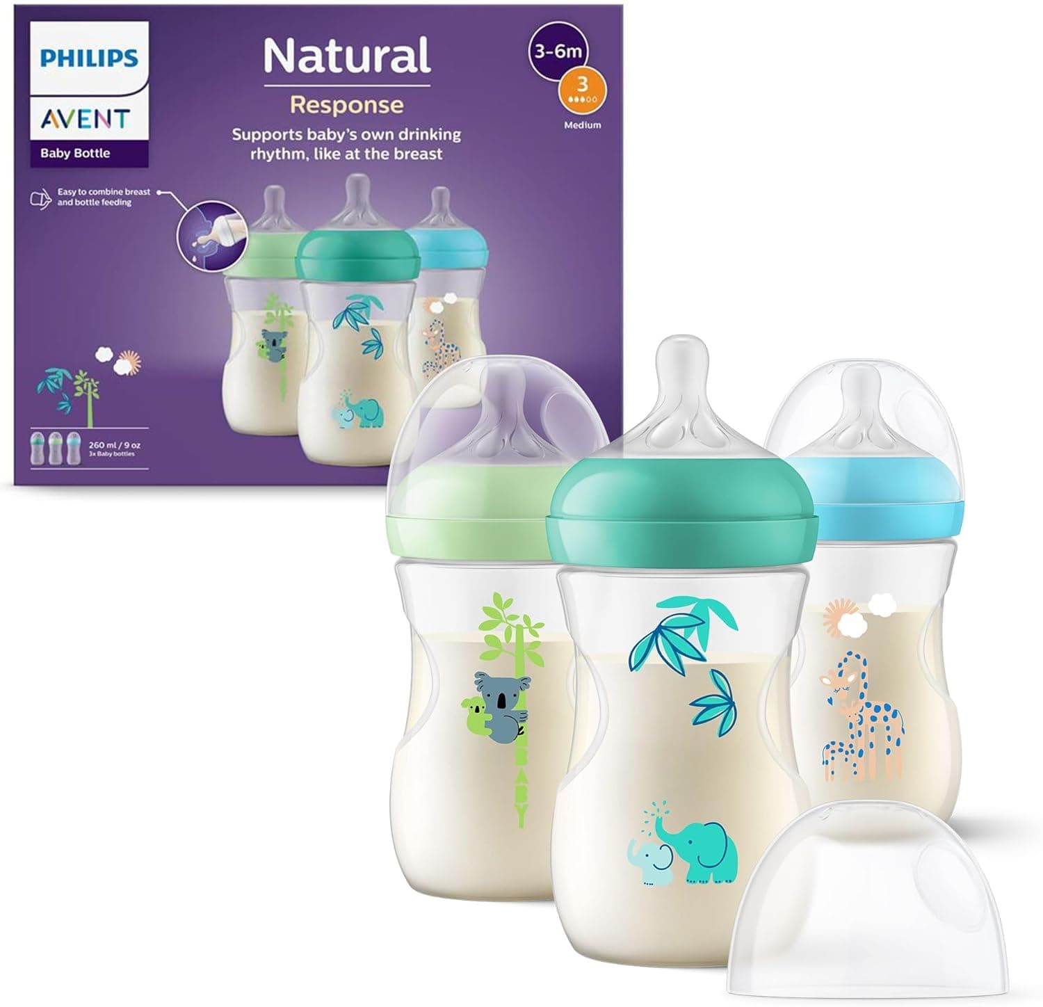 Set 3 biberoane Natural Response 3-6 luni, Philips Avent, SCY903/73