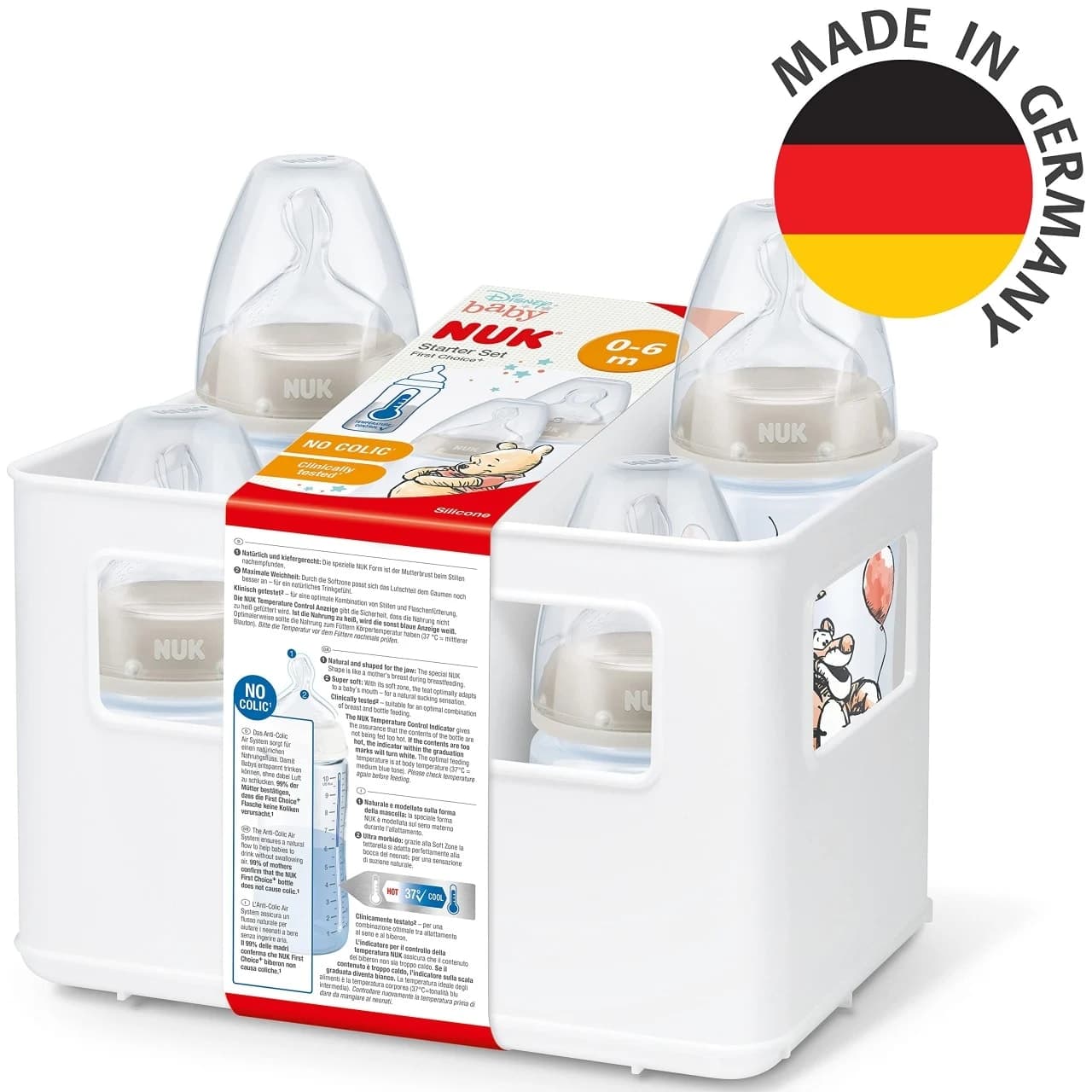 Set biberoane NUK First Choice 0-6 luni, 4 biberoane cu control temperatura anti-colici BPA-free, Winnie the Pooh