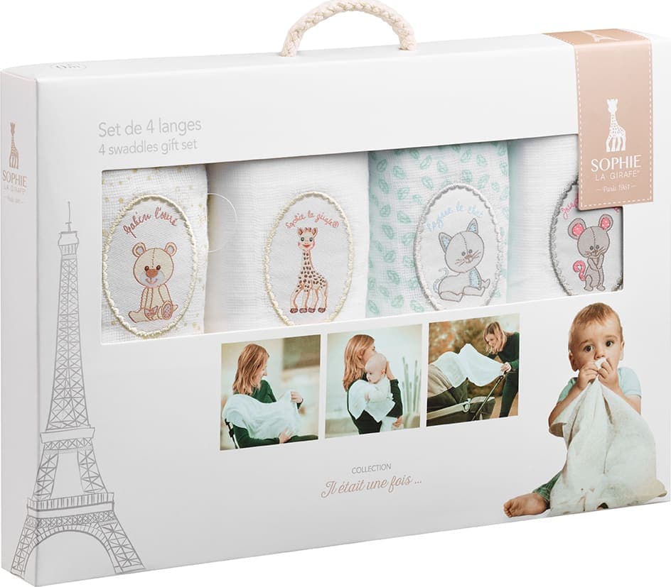 Set Museline Sophie La Girafe, Set 4 Bucati, 70x70 cm, Albe, Delicate pentru Nou-Nascuti