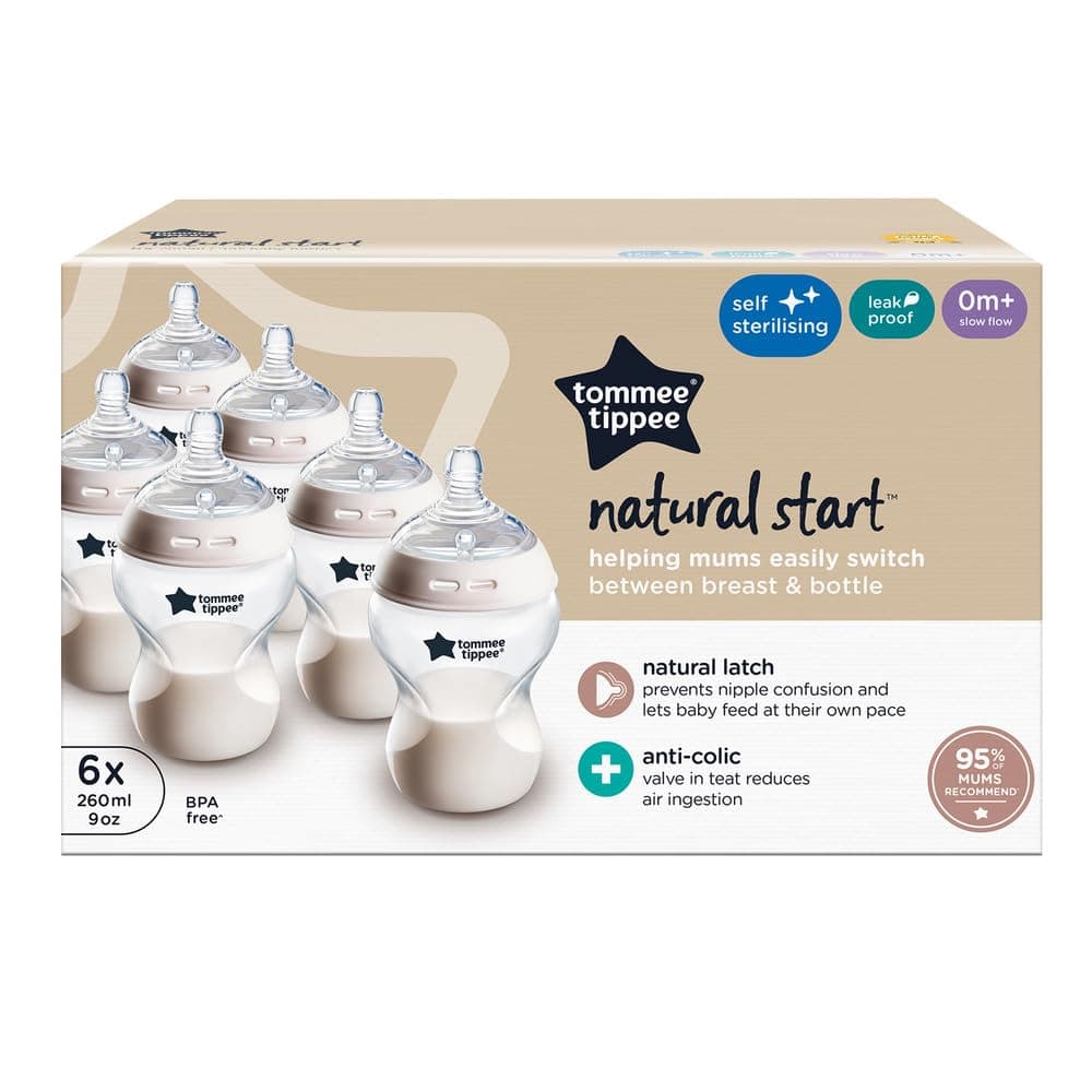 Set 6 Biberoane Tommee Tippee Natural Start 260 ml – Anti-Colici, Autosterilizare, Fara BPA