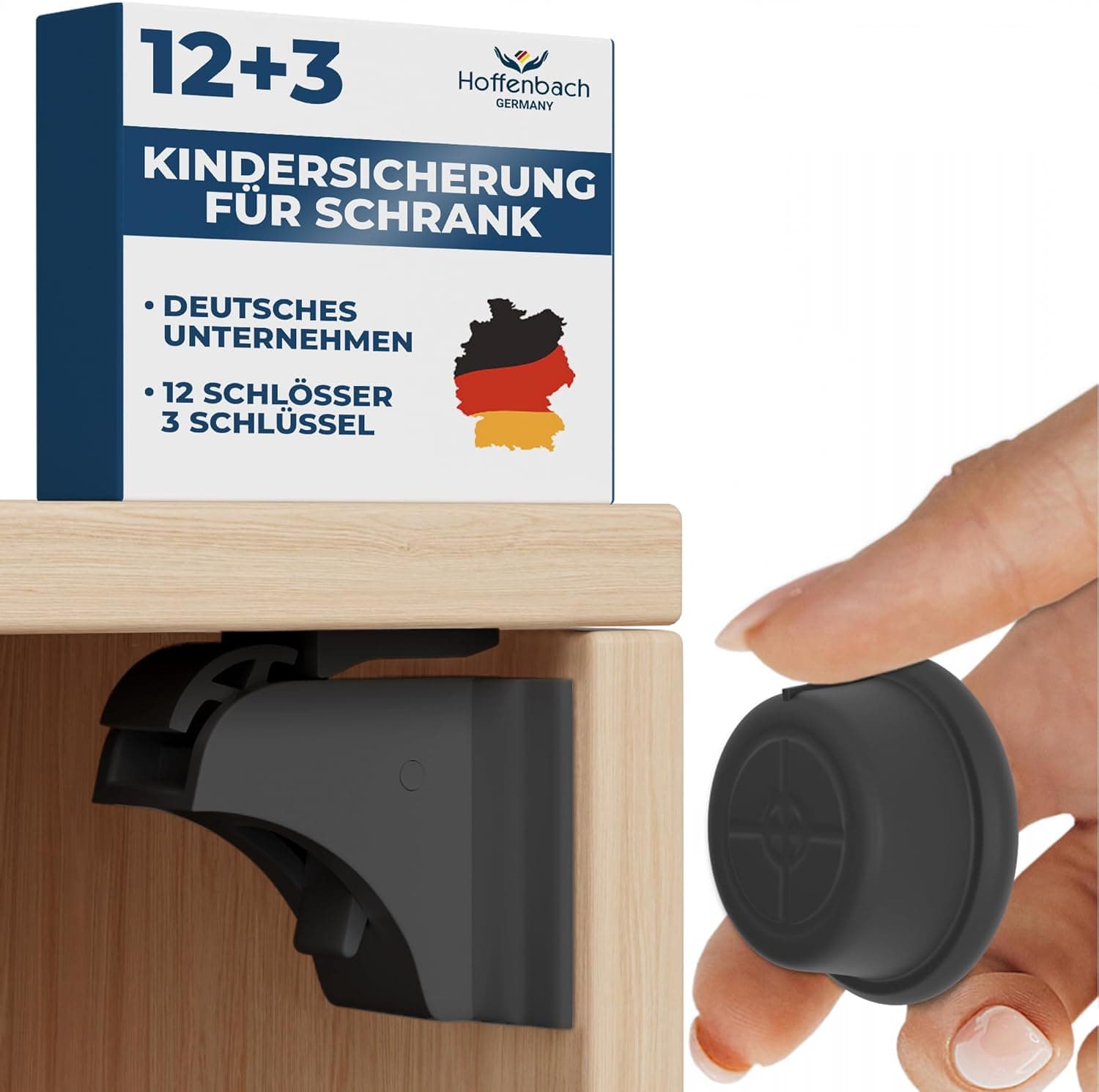 Set 12 Sigurante Magnetice pentru Dulapuri Hoffenbach + 3 Chei – Blocare Invizibila Fara Gaurire, Negru