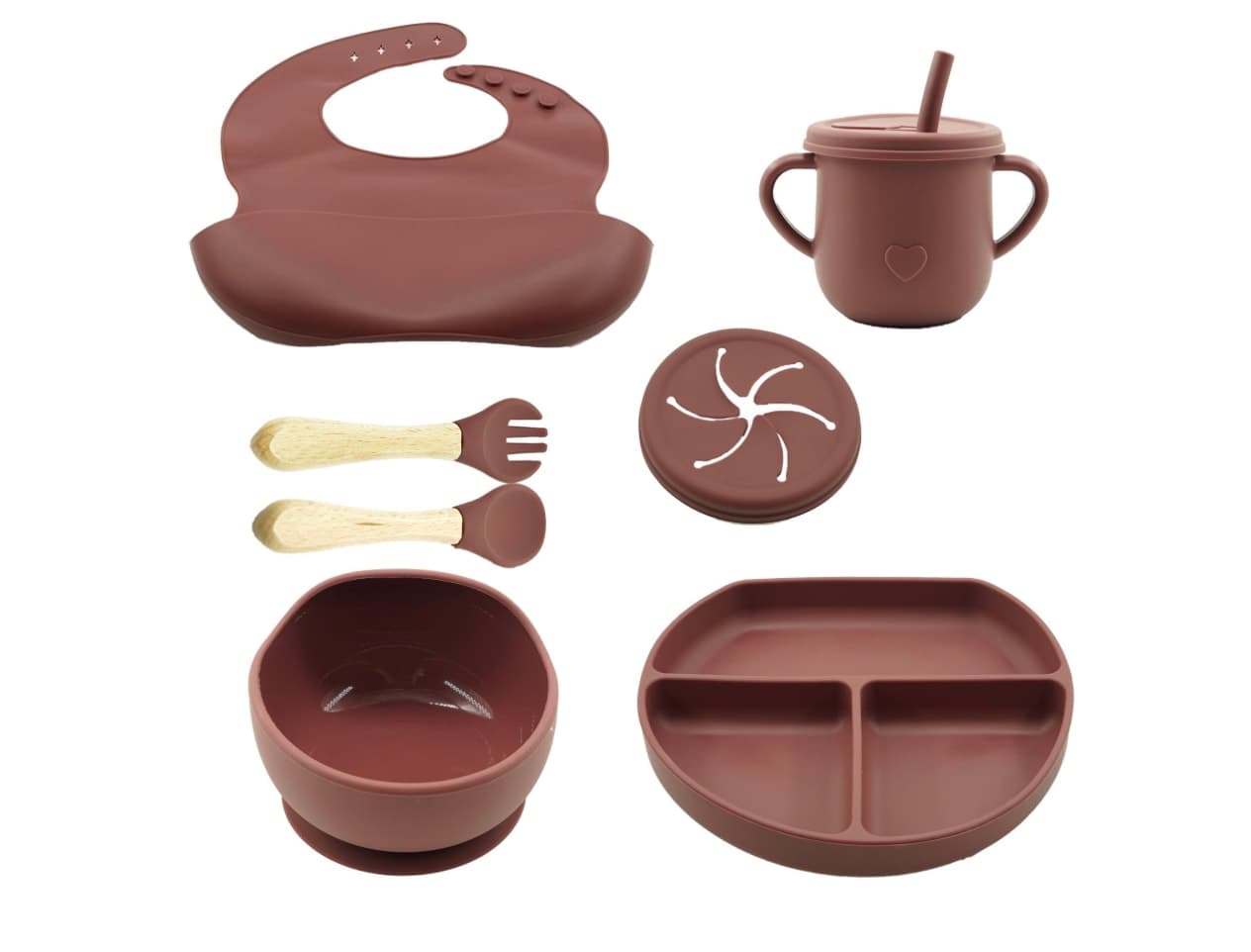 Set 8 piese diversificare pentru bebelusi si copii din silicon si lemn