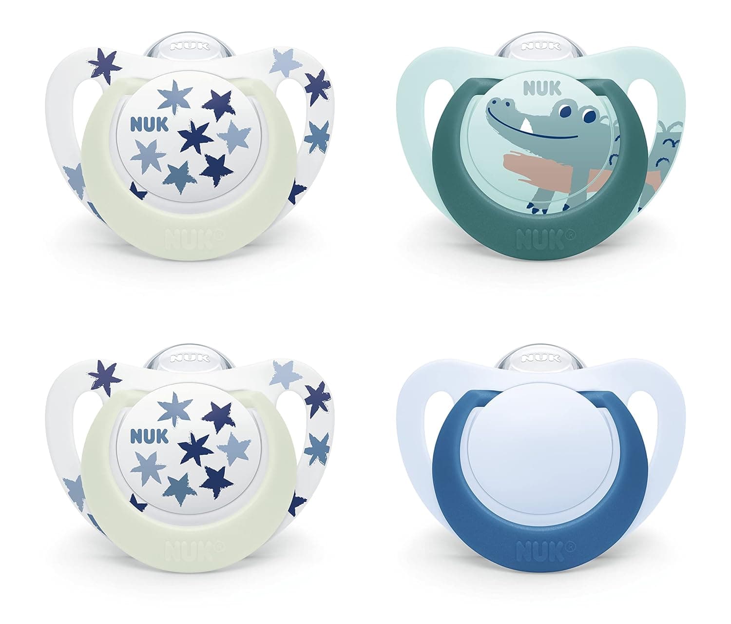 Suzeta NUK Star Day & Night 6-18 Luni, Silicon BPA Free, Efect Fosforescent, Model Crocodil, Set 4 Buc