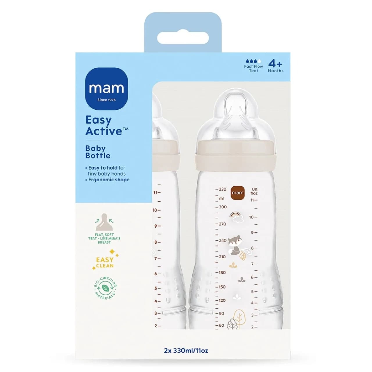 Set de 2 biberoane MAM Easy Active 330 ml Grey, tetina SkinSoft, flux rapid, 4+ luni