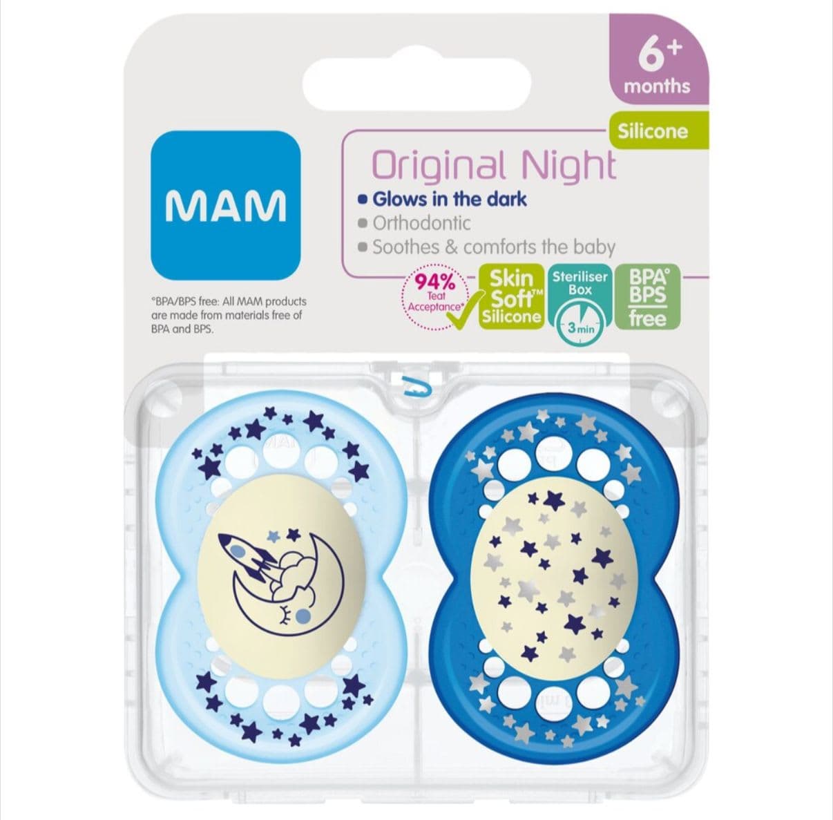 Suzeta MAM Original Night 6-16 Luni, Fosforescenta, Silicon BPA Free, Cutie Sterilizare, Set 2 Buc, Boy