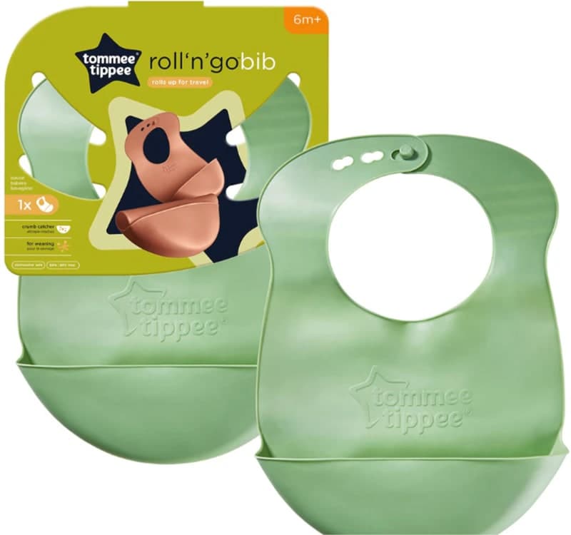 Bavetica pentru copii Tommee Tippee Roll'n'go din silicon – cu buzunar colector
