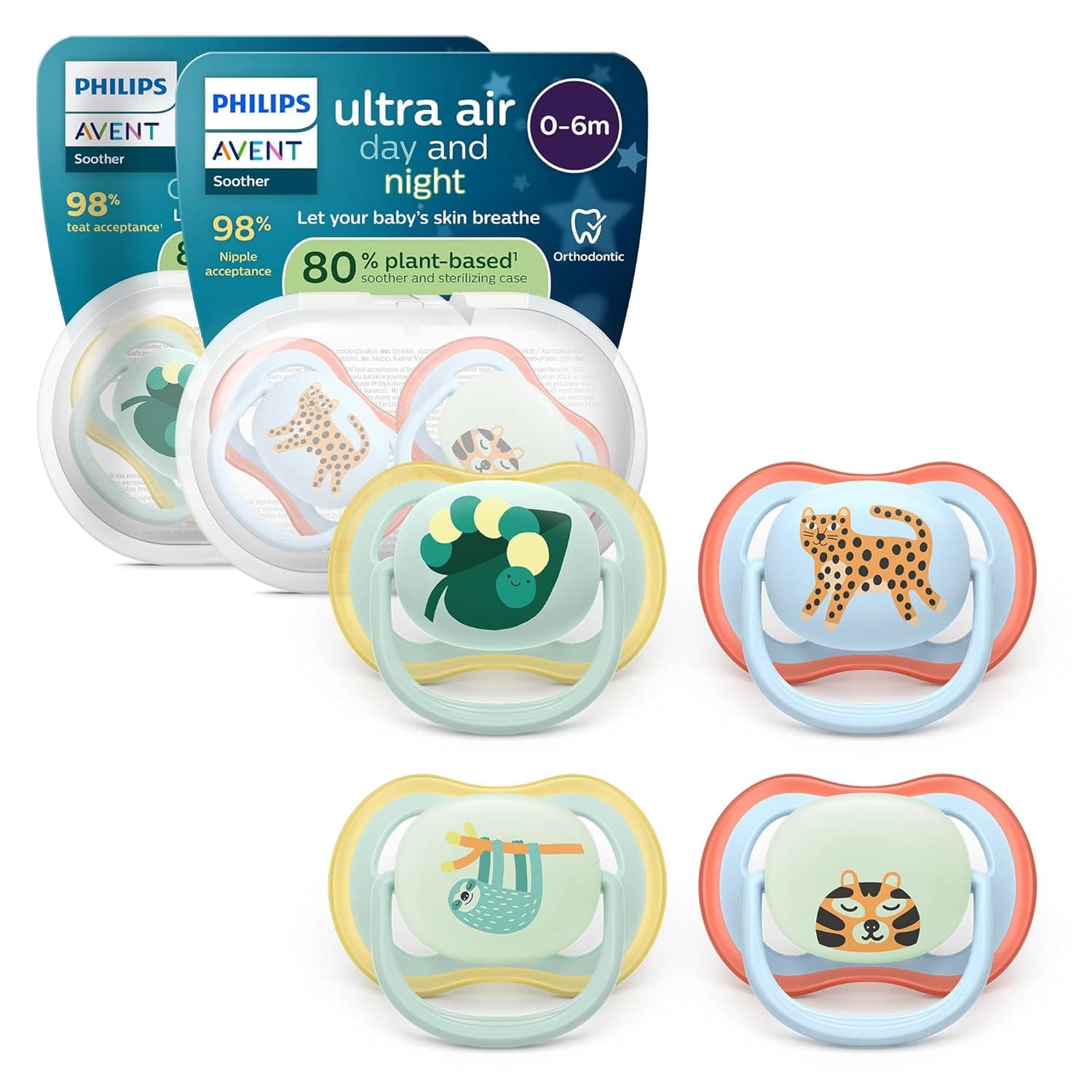 Set 4 suzete Philips Avent Ultra Air Day & Night 0-6 luni, ortodontice, glow in the dark, SCF087/22
