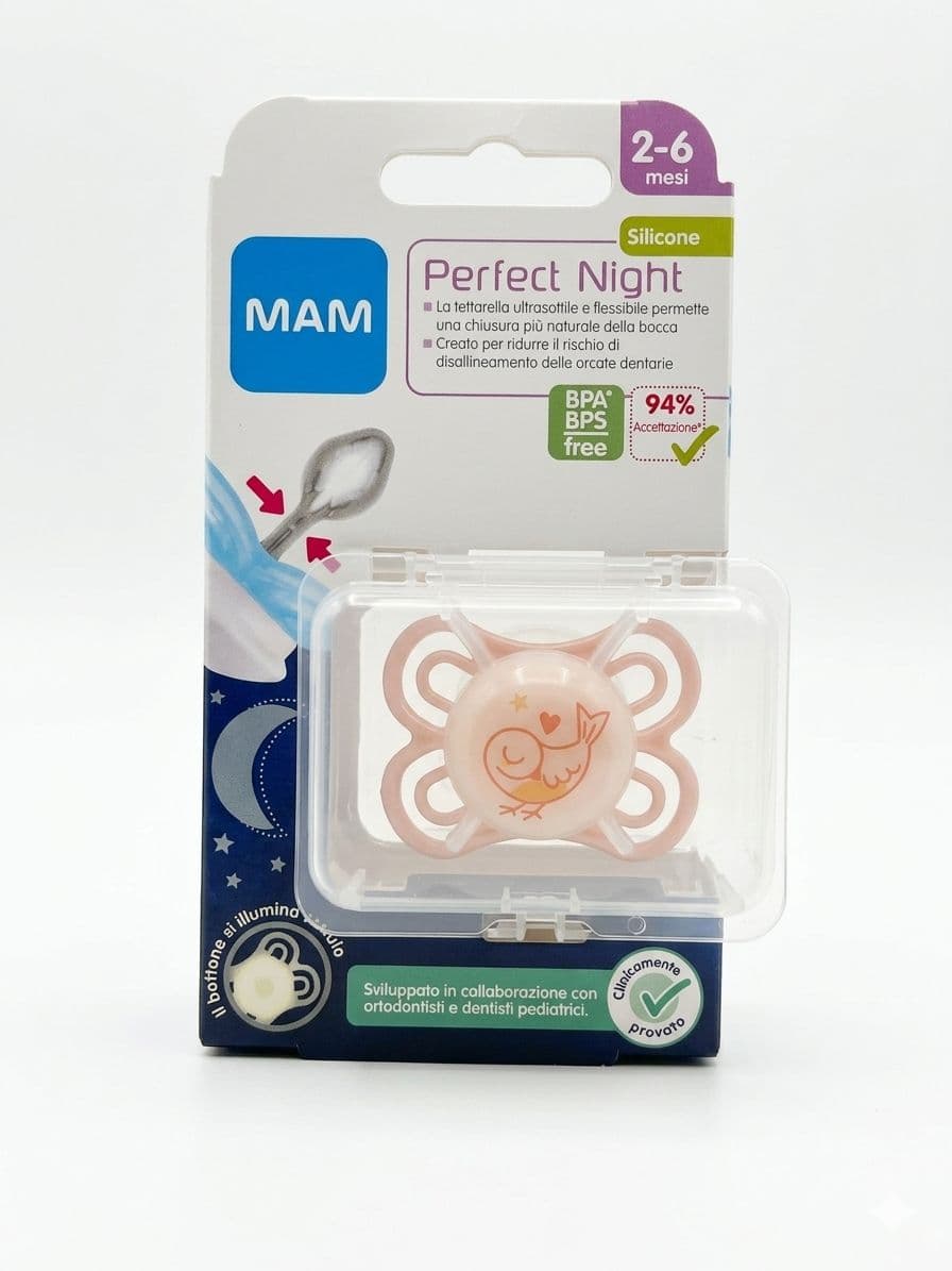 Suzeta silicon MAM Perfect Night pentru 2-6 luni, confortabila si fosforescenta