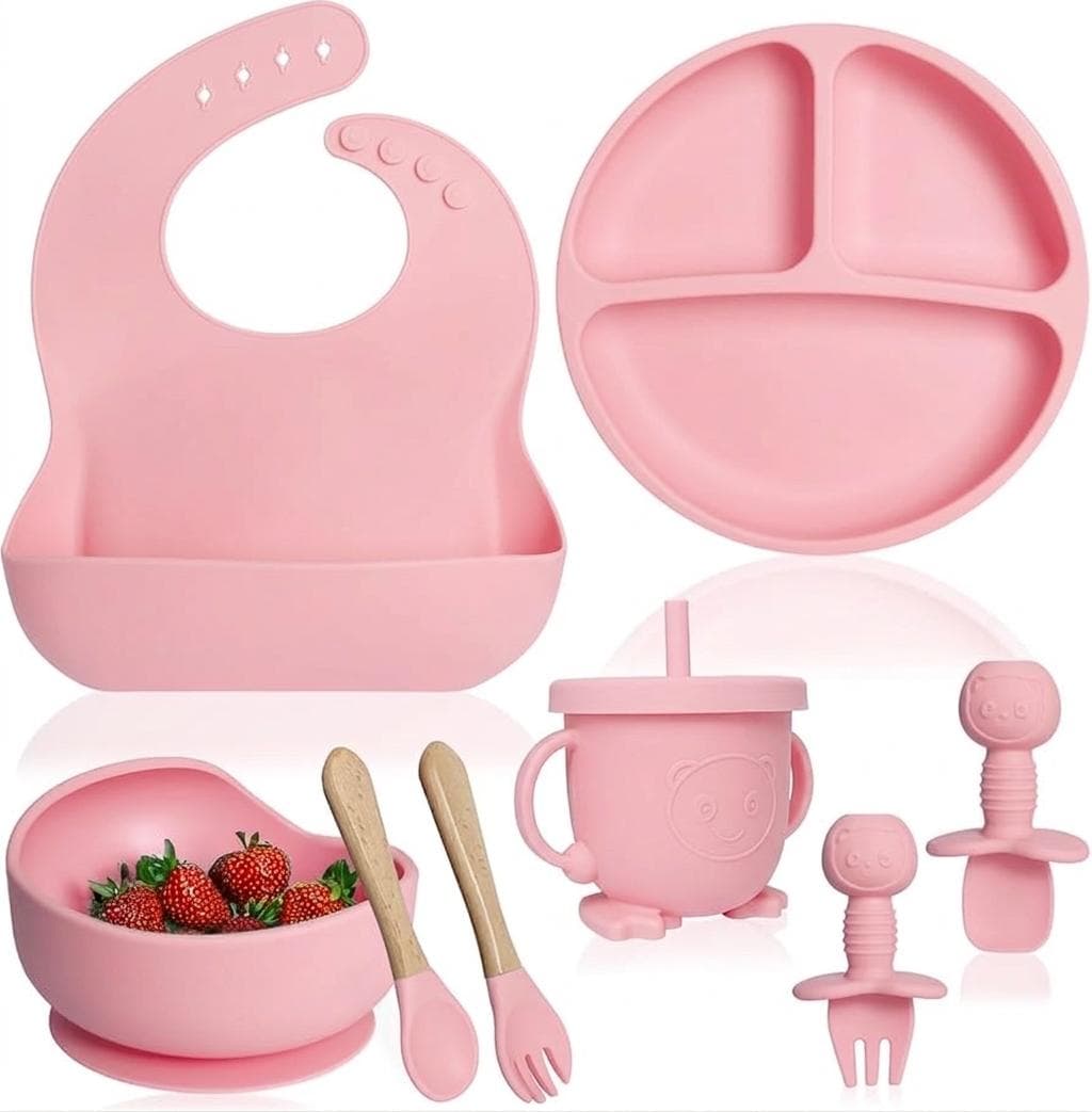 Set hranire bebelusi 8 piese, diversificare, silicon, roz