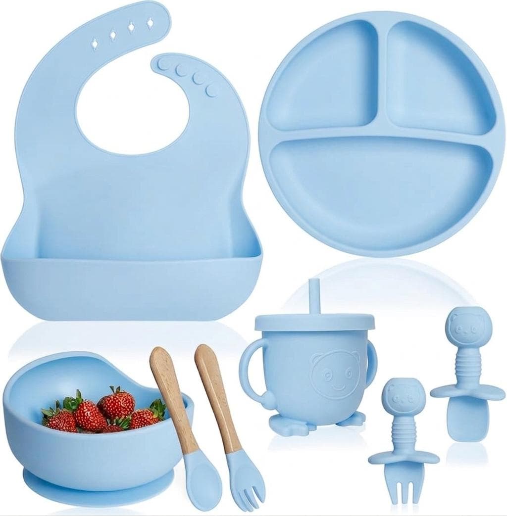 Set hranire bebelusi 8 piese, diversificare, silicon, albastru