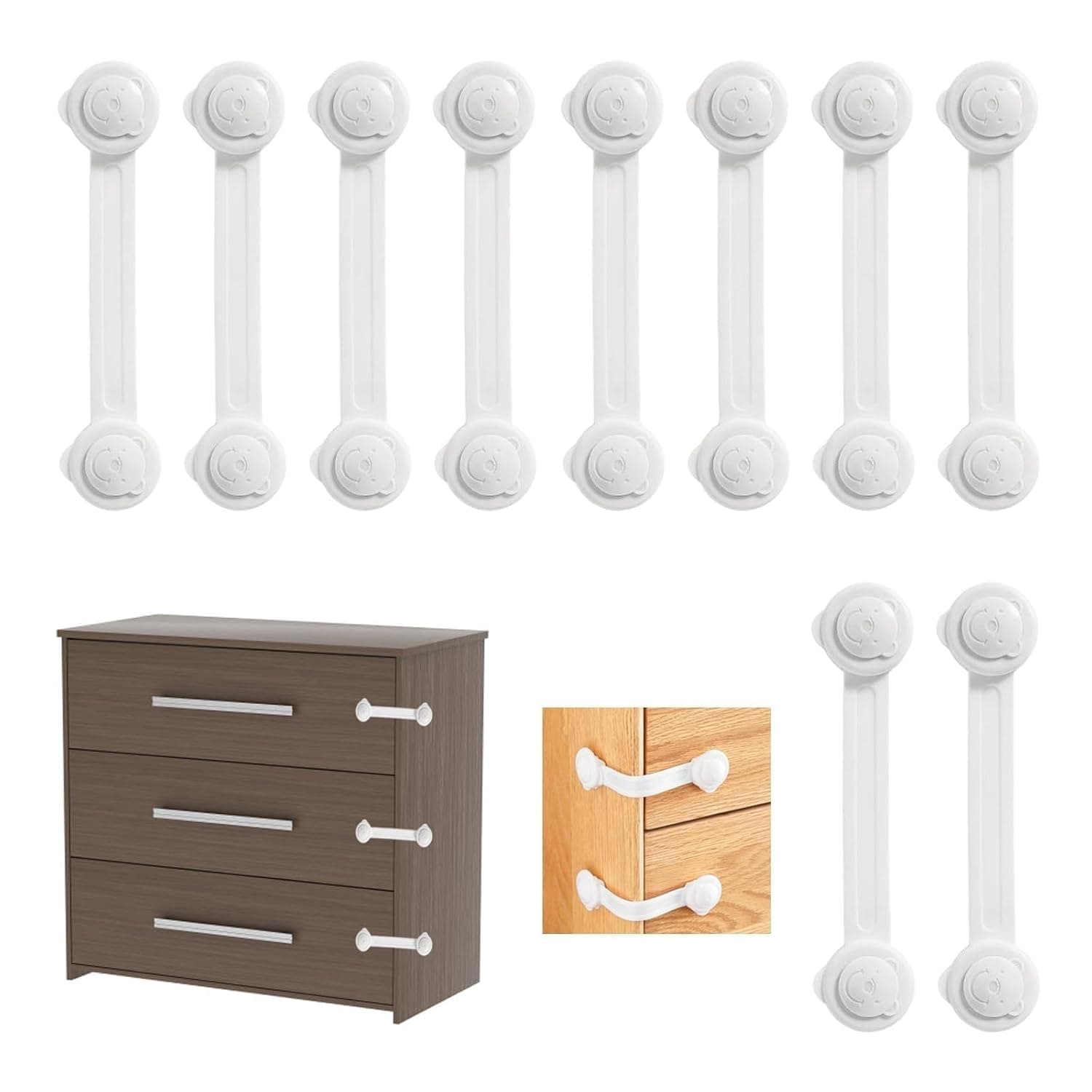 Sigurante pentru sertare si dulapuri copii set 10 bucati, autoadezive albe, lungime 16cm