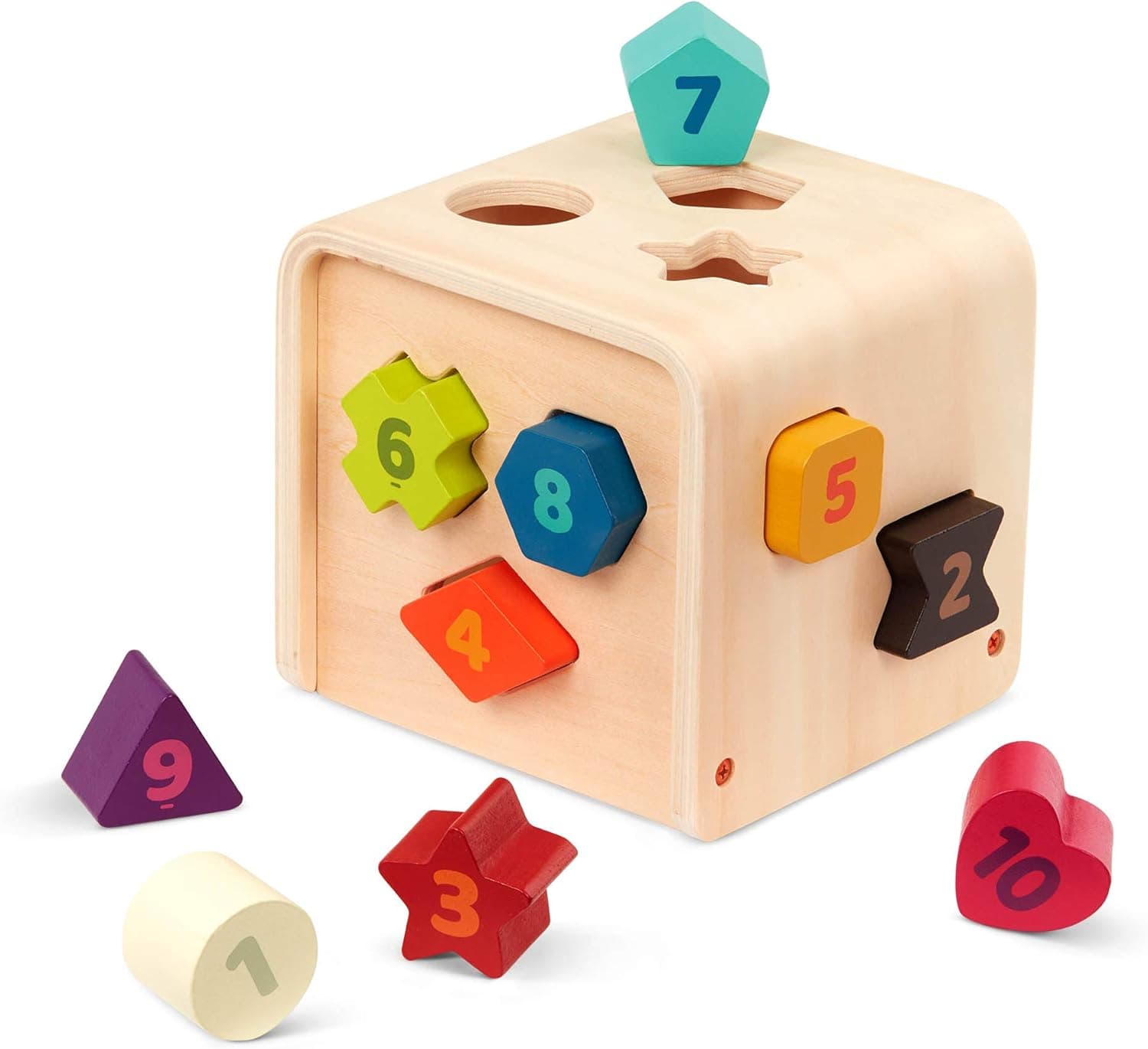 Cub educativ din lemn 10 forme colorate si numere, ideal copii 1 an+