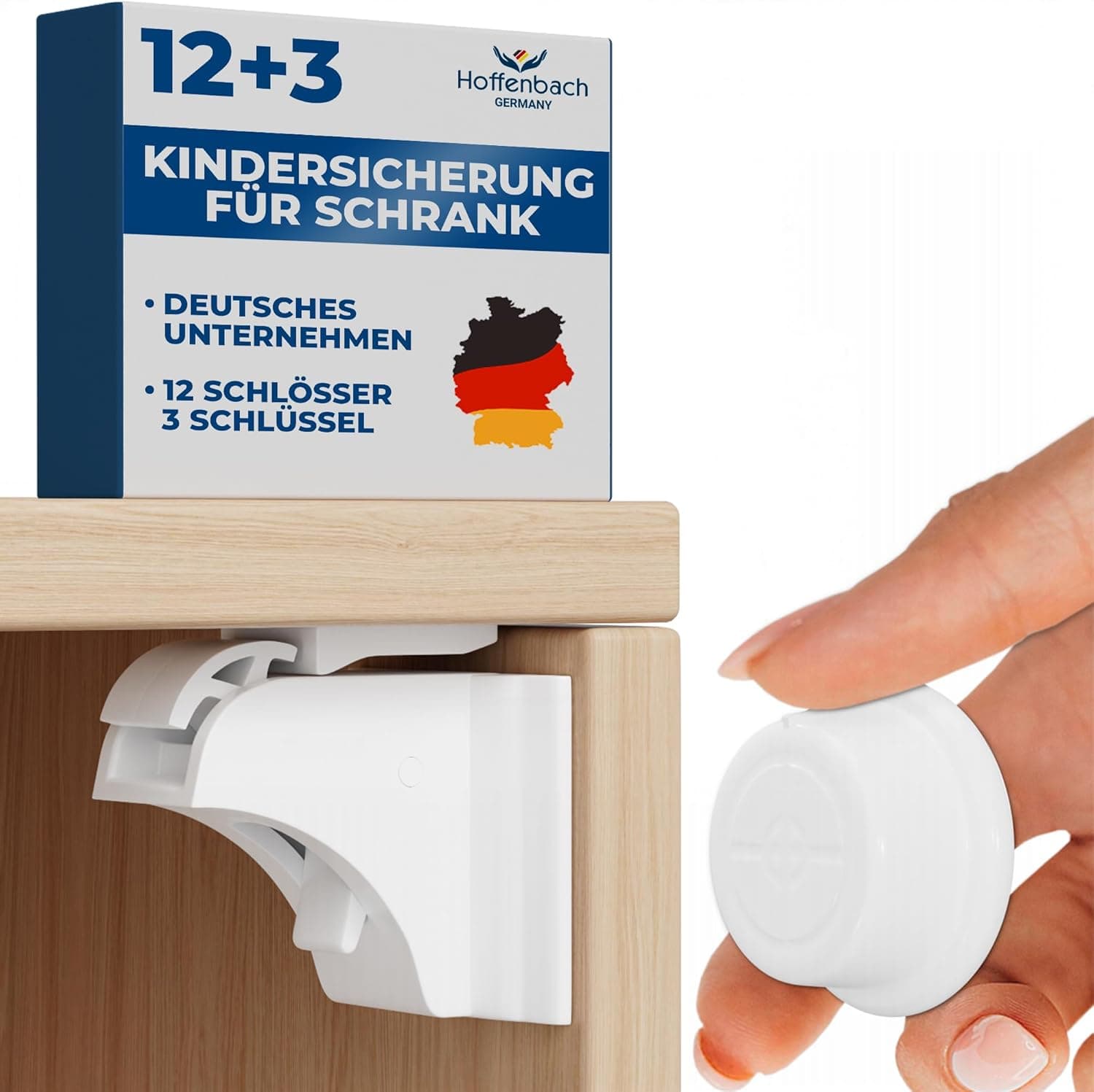 Set 12 Sigurante Magnetice pentru Dulapuri Hoffenbach + 3 Chei – Blocare Invizibila Fara Gaurire, alb
