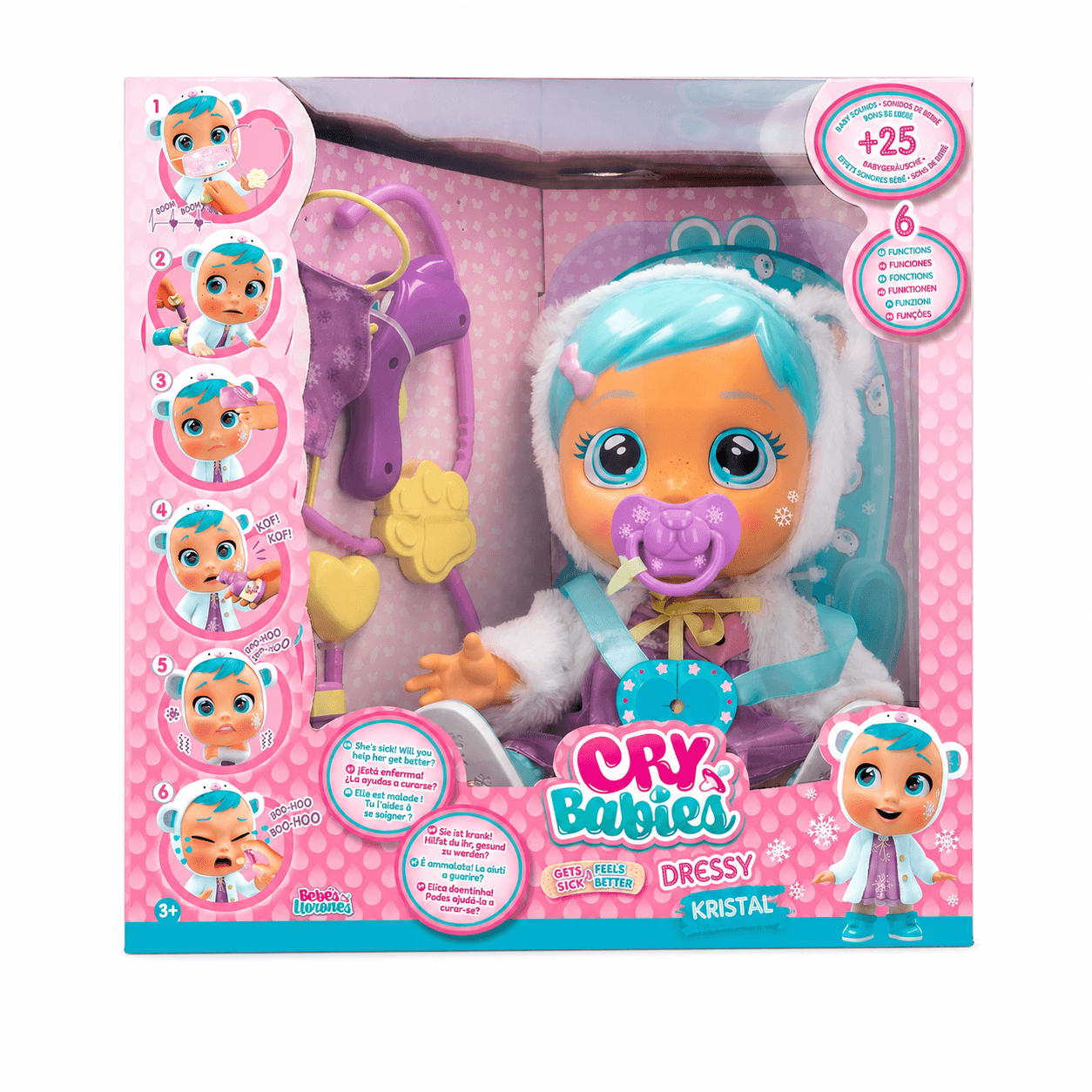 Papusa Cry Babies Kristal, cu 6 functii interactive si accesorii medicale