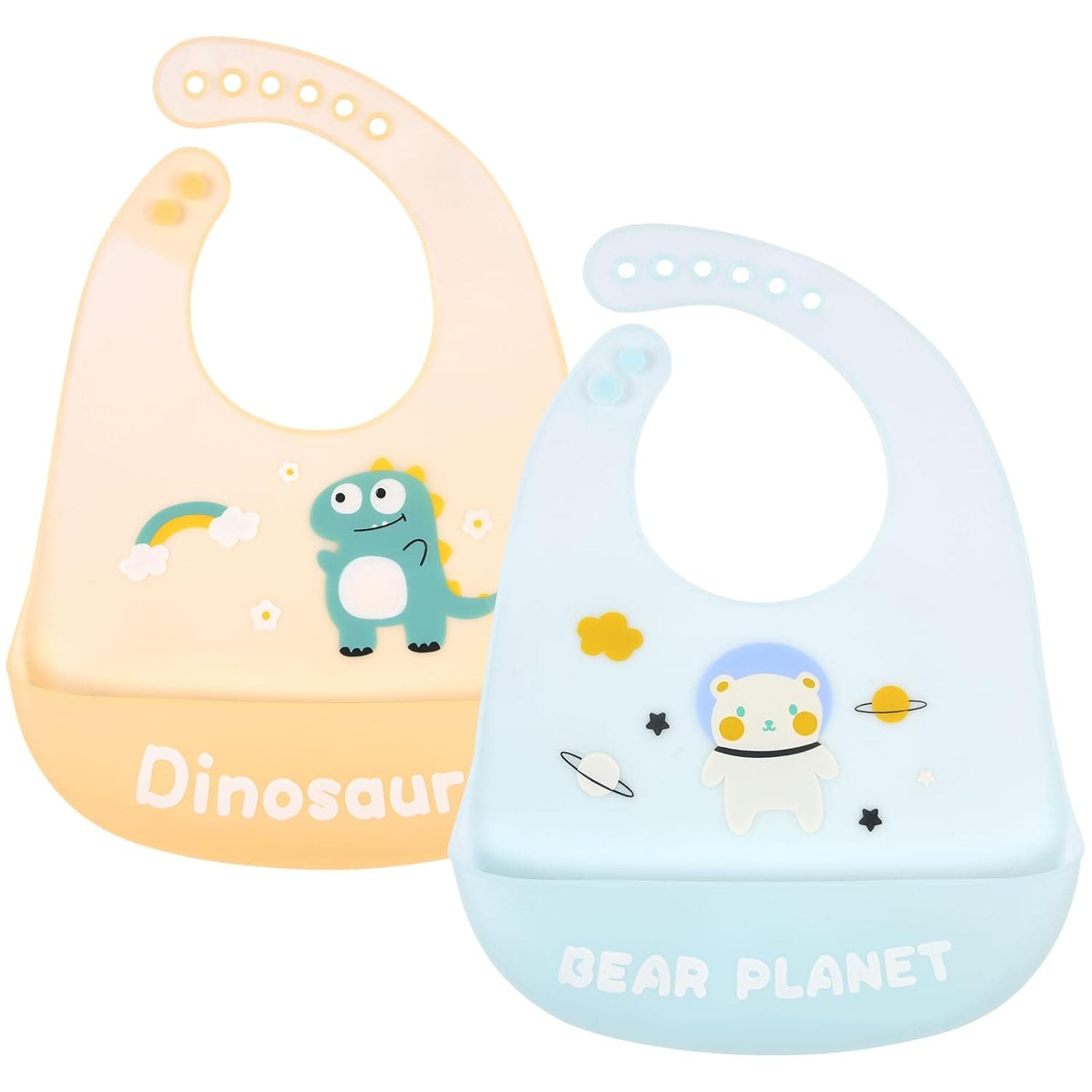 Set 2 bavete silicon, impermeabile cu model dino si urs, 6 luni+