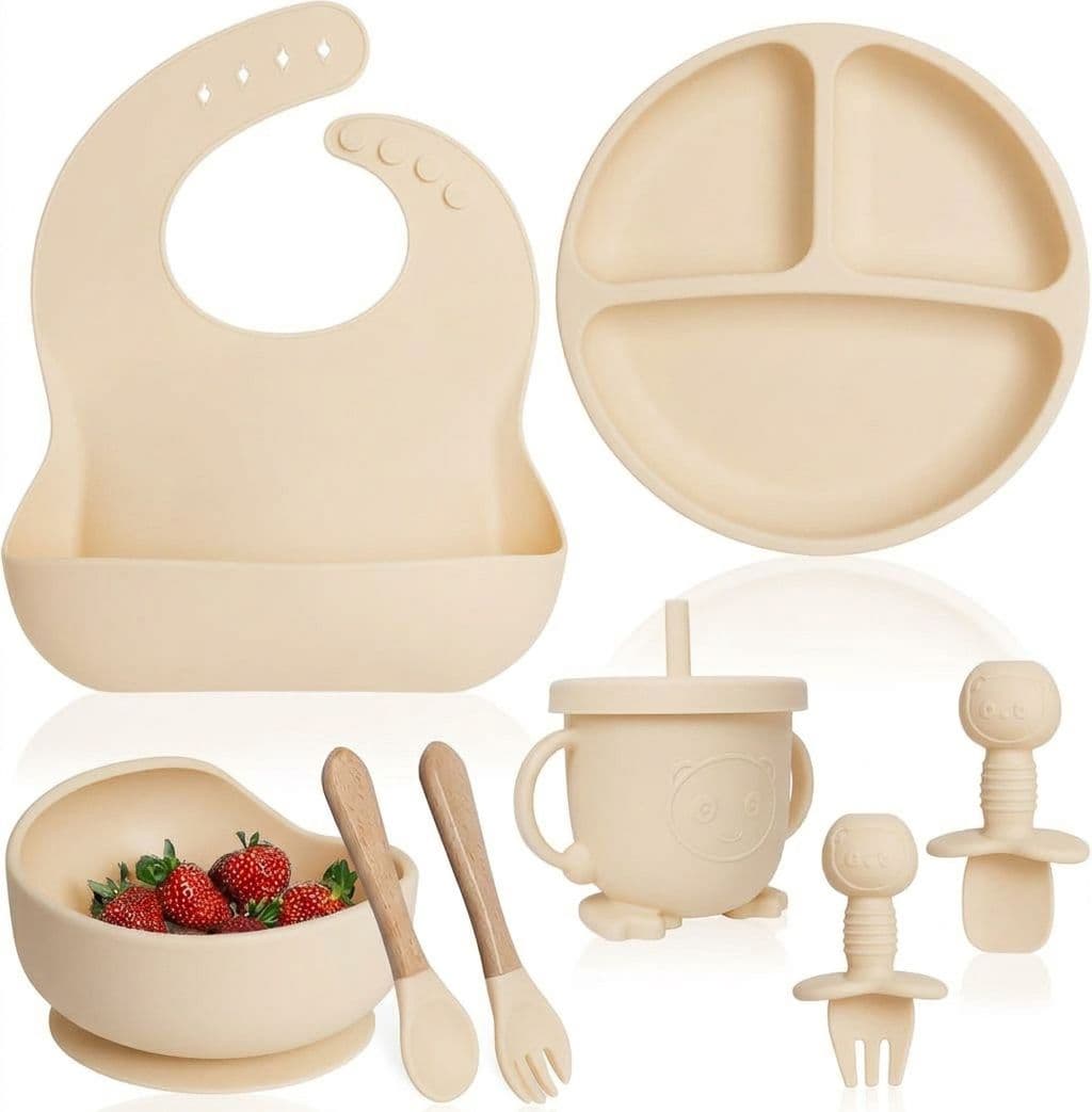 Set hranire bebelusi 8 piese, diversificare, silicon crem