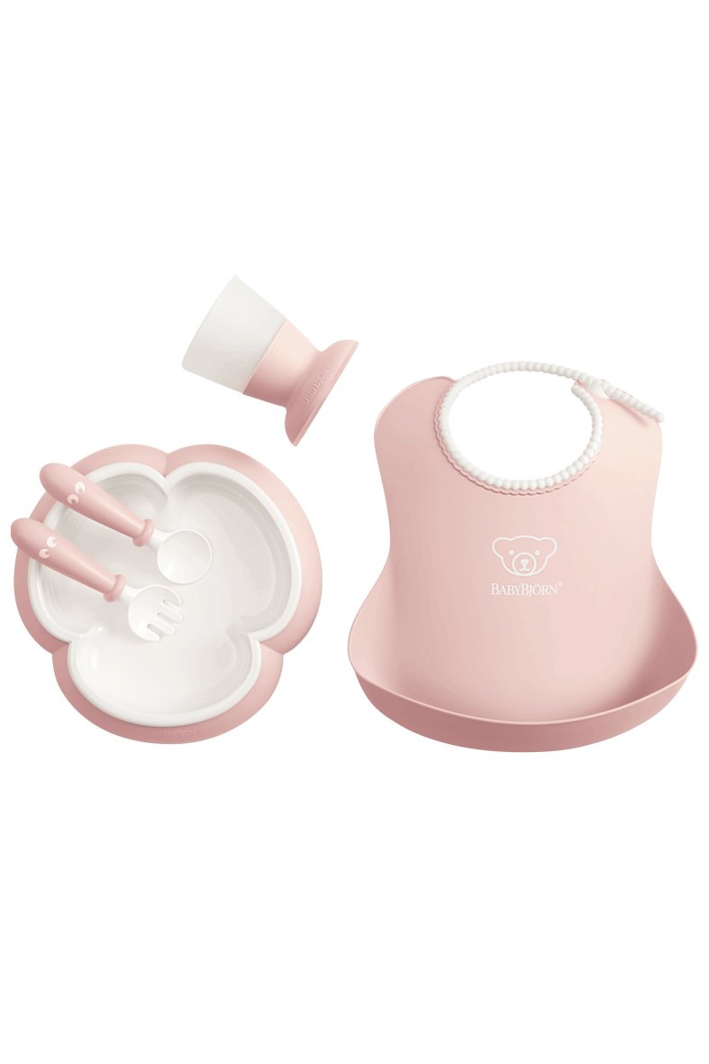 BabyBjorn – Set hranire: farfurie, lingurita, furculita, pahar si bavetica pentru bebe, Powder Pink