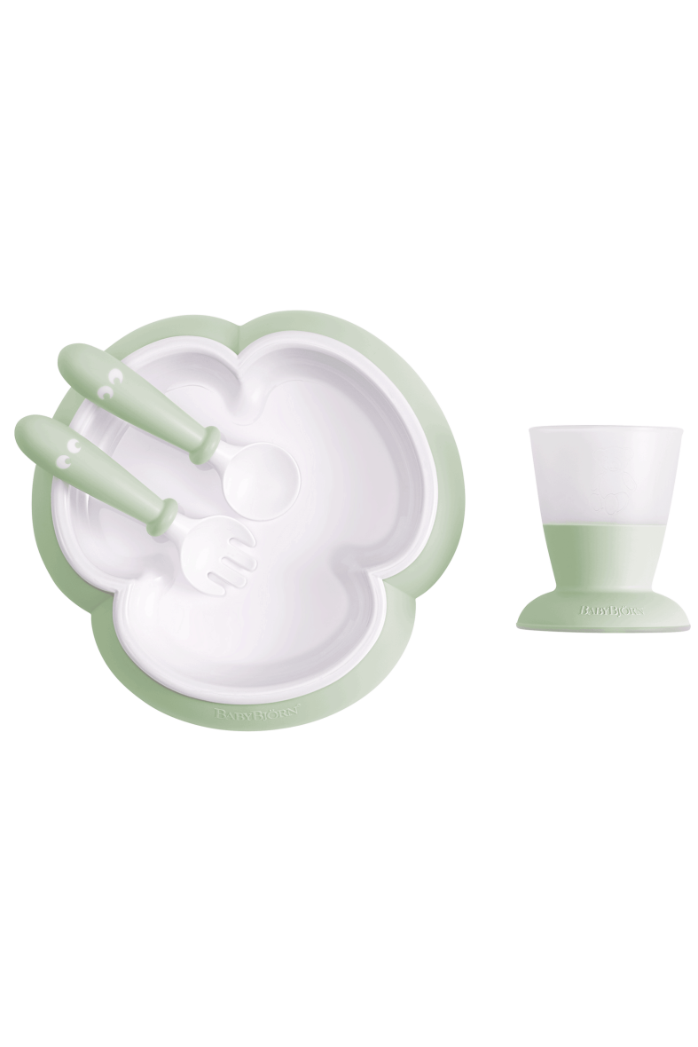 BabyBjorn – Set hranire: farfurie, lingurita, furculita si pahar pentru bebe, Powder Green