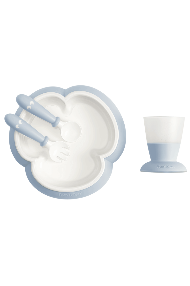 BabyBjorn – Set hranire: farfurie, lingurita, furculita si pahar pentru bebe, Powder Blue