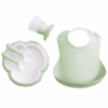 BabyBjorn - Set hranire: farfurie, lingurita, furculita, pahar si bavetica pentru bebe, Powder Green