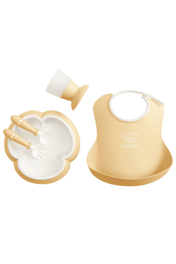 BabyBjorn - Set hranire: farfurie, lingurita, furculita, pahar si bavetica pentru bebe, Powder Yellow