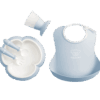 BabyBjorn - Set hranire: farfurie, lingurita, furculita, pahar si bavetica pentru bebe, Powder Blue